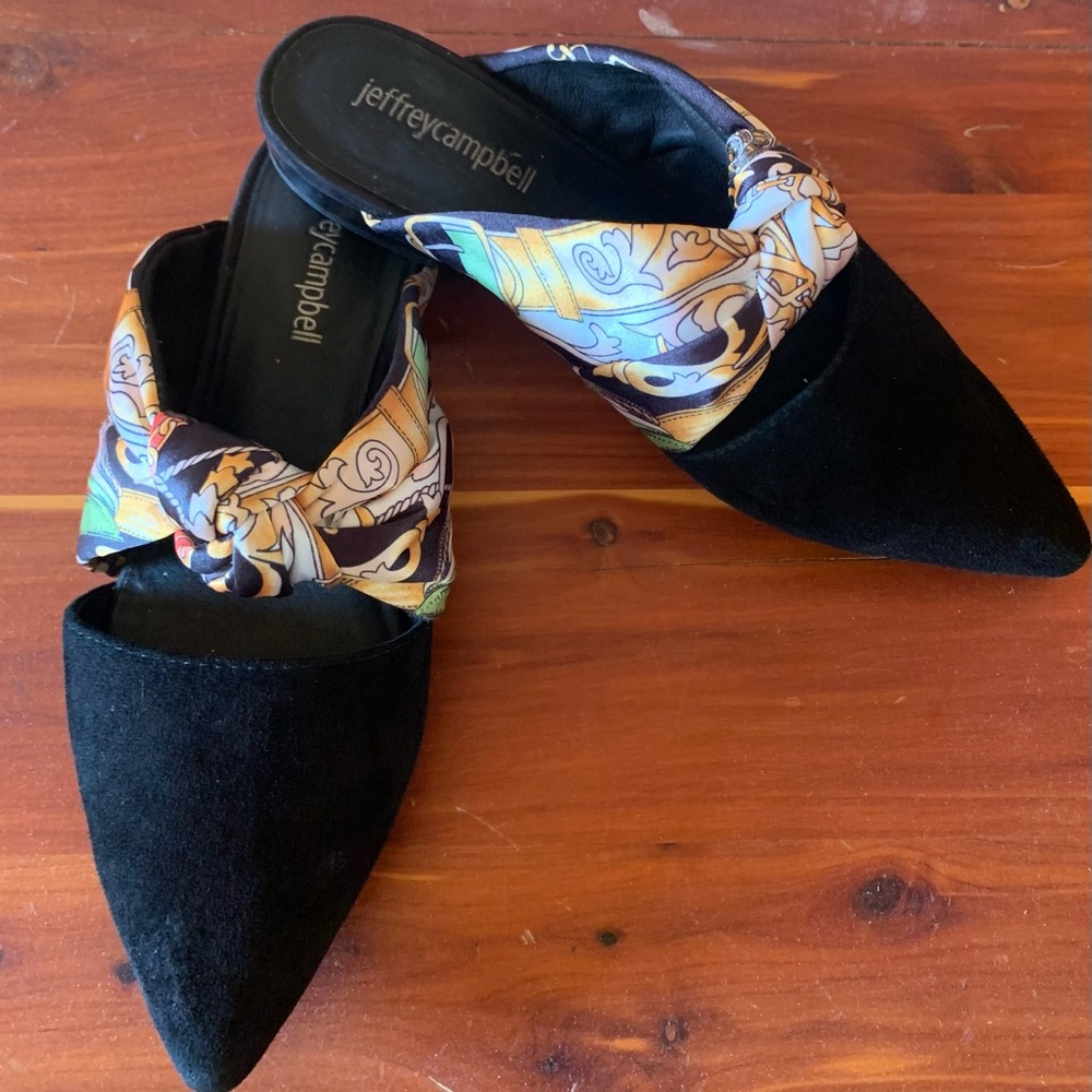 Jeffrey Campbell Black Mules with Colorful Scarf Accent